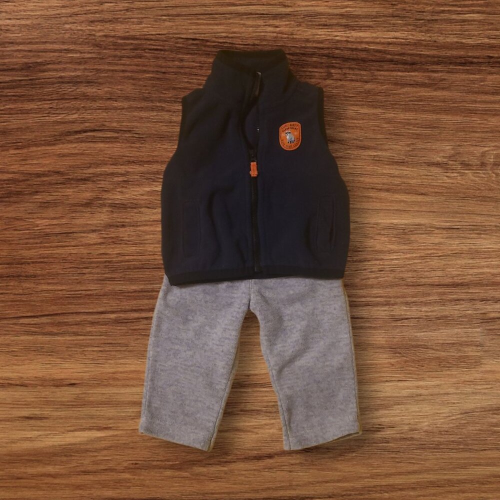 Carter’s 3M Baby Boy Fleece Vest & Pants Set Navy Gray Raccoon Outfit
